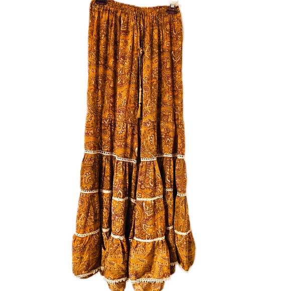 KARMA Hwy Bell Bottom Ruffle Hem Pant Tan/ Orange NWT OS - Picture 6 of 6
